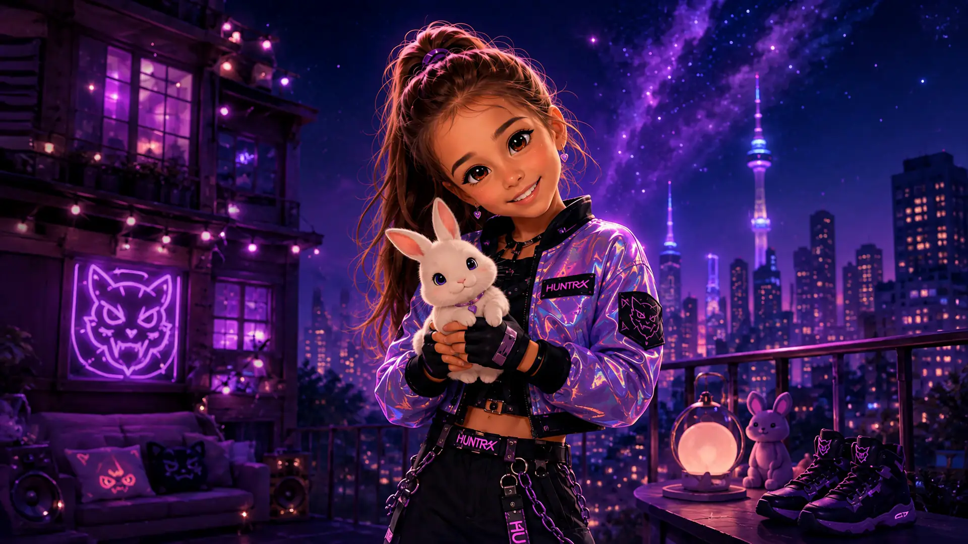 Elsie, en veste holographique violette, tient un petit lapin blanc sur un toit face à une ville illuminée de néons, sous un ciel étoilé.